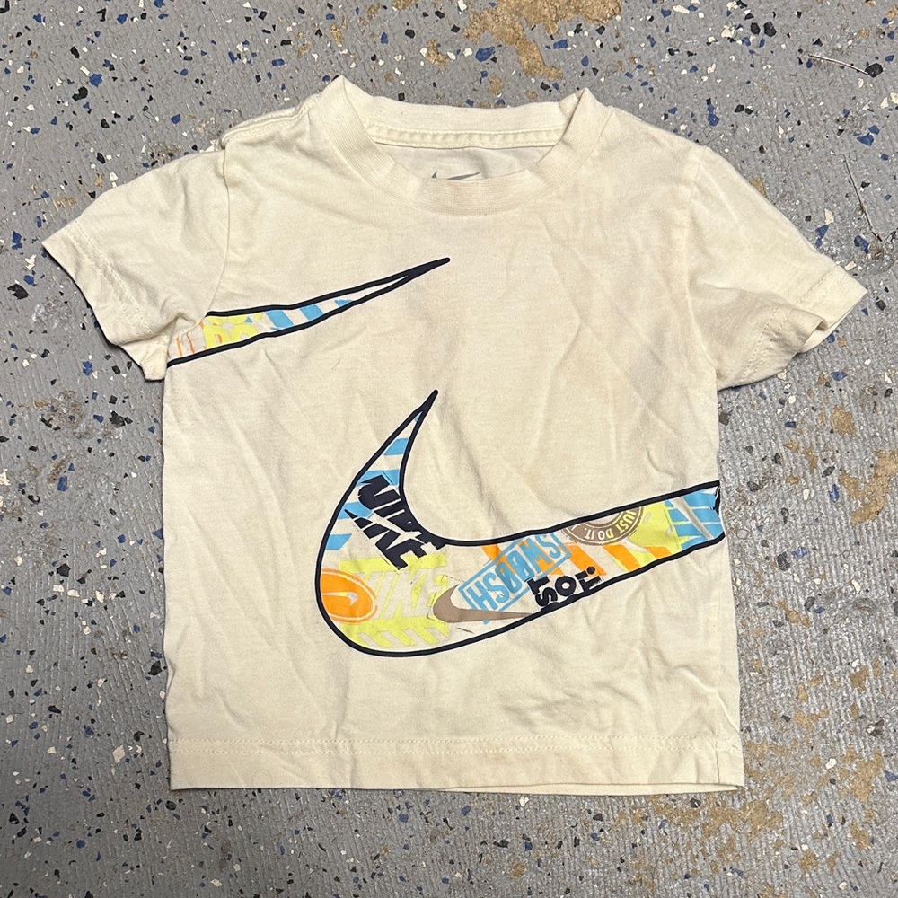 Nike Cream Graphic Swoosh Tee with Blue Yellow Orange Accents